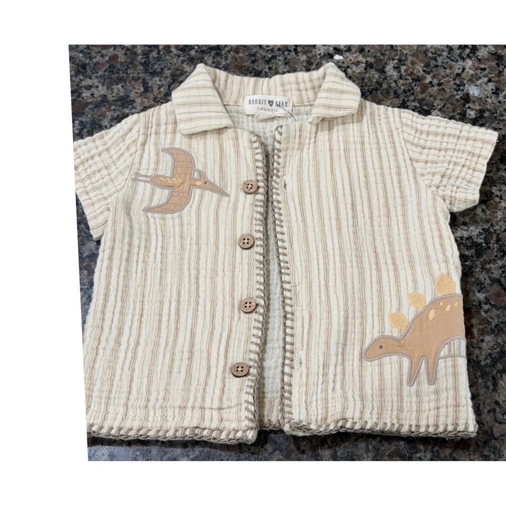 Rabbit + Bear Organic Cotton Dinosaur Stripe Gauze Button‎ Up Shirt 3-6M Neutral